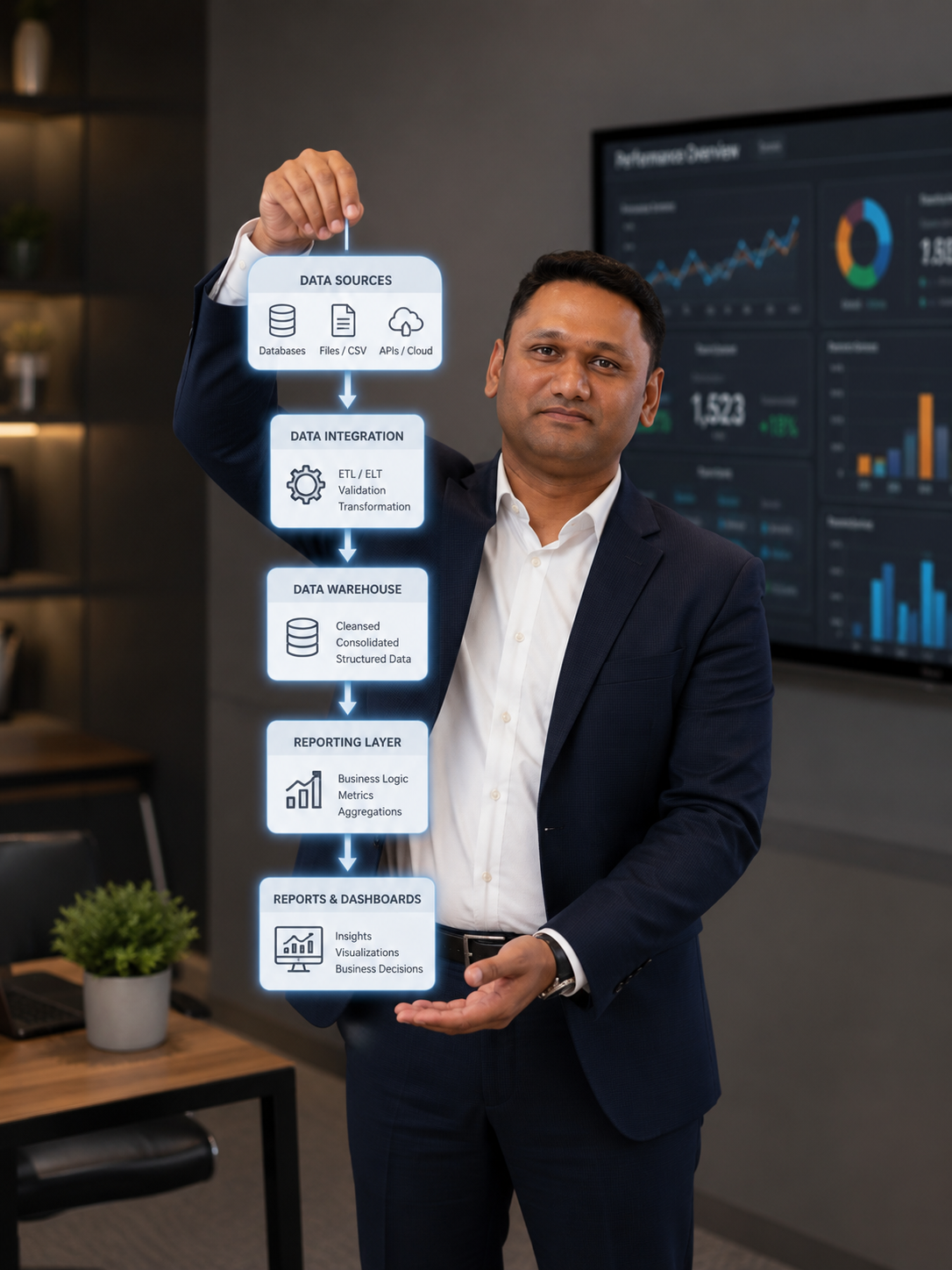 Gowrikarthick Balasundaram with a visual representation of a data pipeline